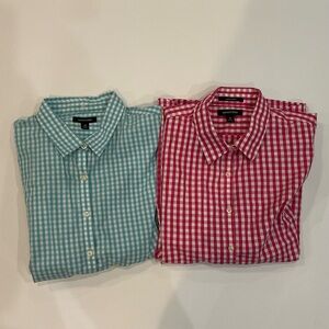 Lands' End Ladies Gingham No Iron Supima Button-Down Shirts- Teal & Pink Bundle